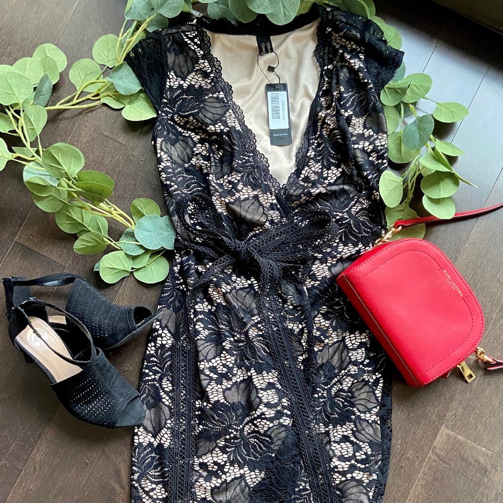 Black and Nude Lace Wrap Dress